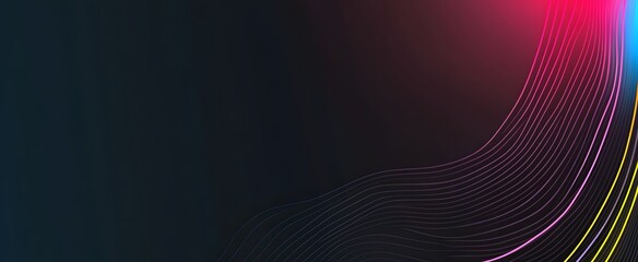 A dynamic abstract design featuring vibrant neon lines and wavy patterns on a dark background.