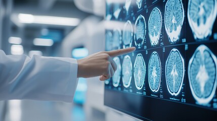 Medium shot of healthcare professional pointing at AI diagnostic imaging results on large screen.