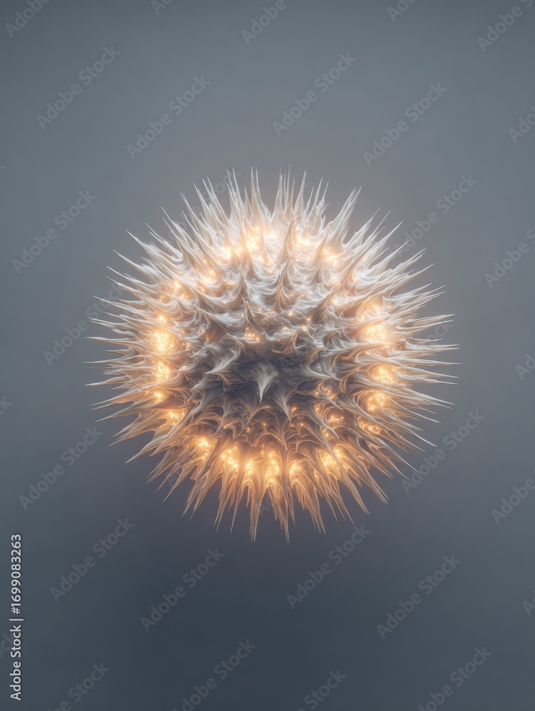 Poster Intricate Spherical Structure With Sharp Spikes Illuminated From Within, Showcasing Detailed Textures and Patterns Against a Gray Background