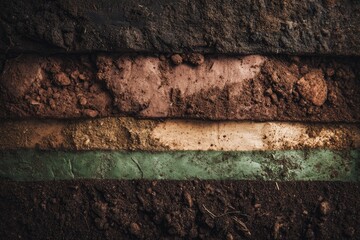 Close-up view of layered soil strata, various colors and textures