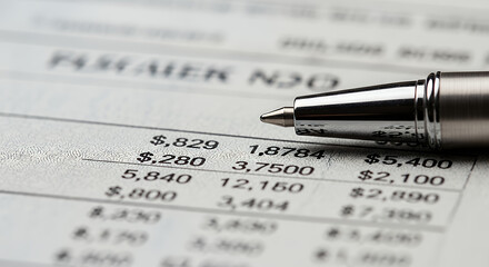 A close up shot of a silver pen on top of a financial statement with various numerical data points