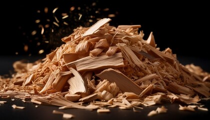 close up image of a pile of dried wood shavings or wood chips on a black background