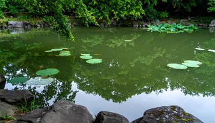 Serene pond reflecting lush greenery