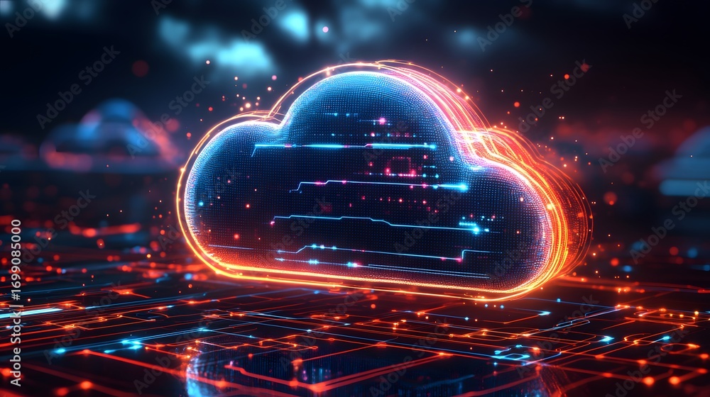 Poster a glowing cloud icon, illuminated by vibrant digital circuitry, rests on a circuit board backdrop, c