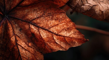 Close-up of a dried, autumnal maple leaf.  A detailed view of its intricate veins and textures