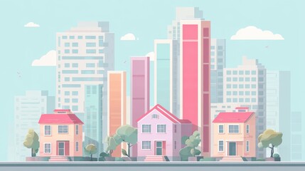 Fototapeta premium Real estate investment infographic flat design side view property market theme animation colored pastel.