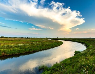 Serene river flowing through grassy plains under a dramatic sky