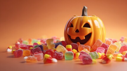 Scattered gummy candies around jack-o’-lantern, 3D illustration. 