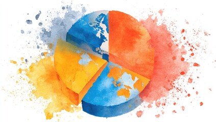 Watercolor pie chart, divided into four segments, each featuring a portion of a world map.  Colorful, painterly splatters surround the chart