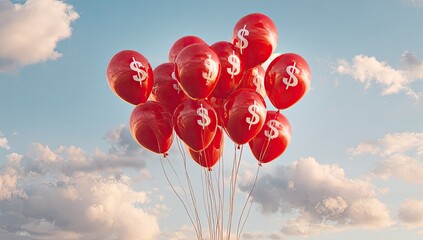 Red balloons with dollar signs float against a cloudy sky.  Many balloons cluster together, rising into the light blue sky, interspersed with soft white and light pink clouds
