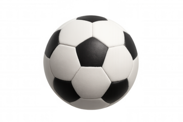 Photorealistic 3d rendering depicting classic soccer ball featuring white, black pentagons against transparent backdrop