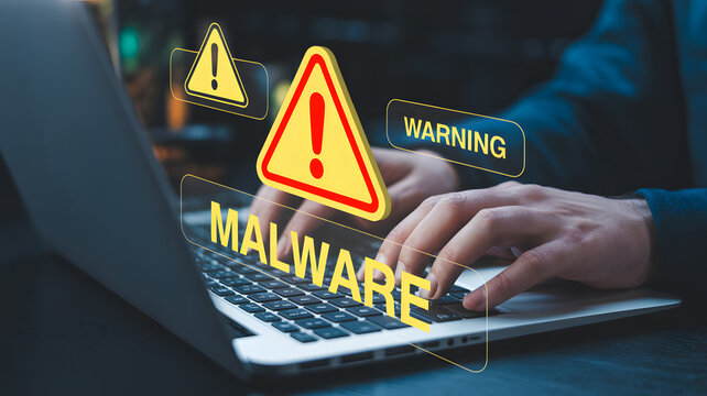 Cybersecurity threat detected alert on laptop keyboard with warning symbols