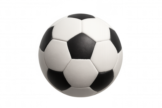 Photorealistic 3d rendering depicting classic soccer ball featuring white, black pentagons against transparent backdrop