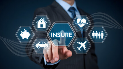 Naklejka premium Businessman selecting insurance options for home, car, family, health, travel, and savings
