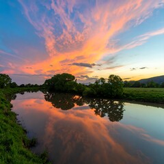 Serene riverside sunset reflection