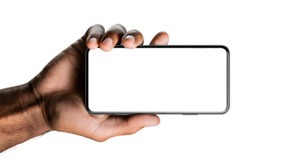 Close-up of a dark-skinned male hand holding a modern smartphone horizontally with a blank white screen for mockup.