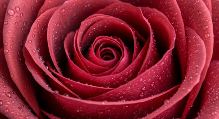 Close-up of a vibrant red rose with delicate water droplets, perfect for romance and beauty