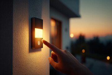 Close up of a hand pressing an outdoor wall light at dusk, warm glow highlights the textured surface, while the fading sky and distant silhouettes create calm atmosphere.