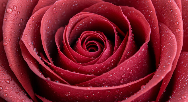 Close-up of a vibrant red rose with delicate water droplets, perfect for romance and beauty