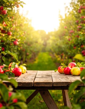 Rustic wooden table amidst apple orchard