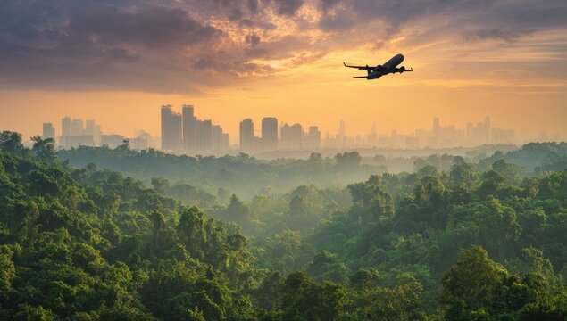 Jet plane over city and forest at sunrise