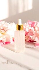 Serene skincare serum amongst delicate blooms