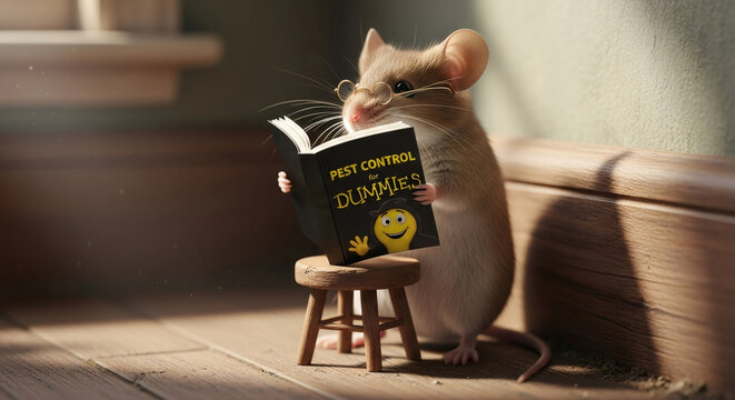 Mouse wearing glasses reading pest control book while sitting on small stool. Humorous animal pest education concept.