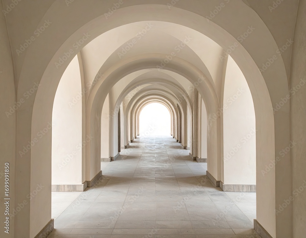 Poster a long, empty arched corridor leads towards a bright light at the end, displaying symmetrical archit