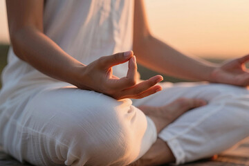 Calm individual meditating in lotus position, hands in mudra, bathed in warm golden light for peace and mindfulness.