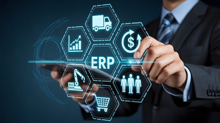 Businessman interacts with futuristic ERP system icons for business efficiency