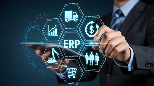 Businessman interacts with futuristic ERP system icons for business efficiency