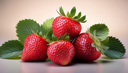 fresh whole strawberries accompanied by leaves against a neutral background viewed from the side with complete depth of field
