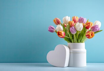 Spring tulips in a vase, heart-shaped box