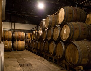 Rows of aged wooden barrels stacked in a dim, atmospheric cellar, showcasing the traditional process of spirits or wine maturation in a rustic warehouse.