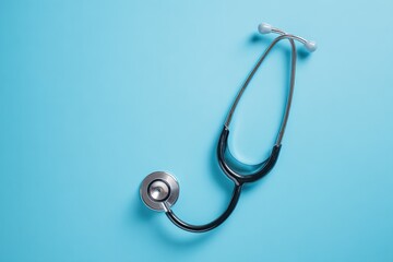 A black and silver stethoscope rests on a vibrant light-blue surface.  The instrument's components are clearly visible, with a rounded metal diaphragm and dual earpieces