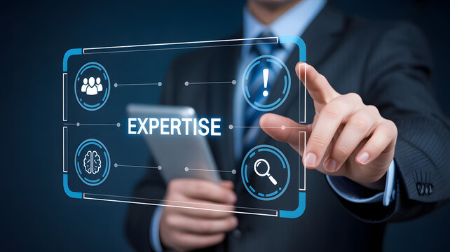 Professional touching screen displaying expertise with business icons for modern solutions