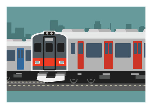 Diesel commuter train on double track with city skyscraper silhouette background. Simple flat illustration
