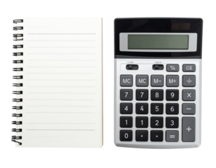 Open Notebook with Calculator Placed Beside, Isolated on White