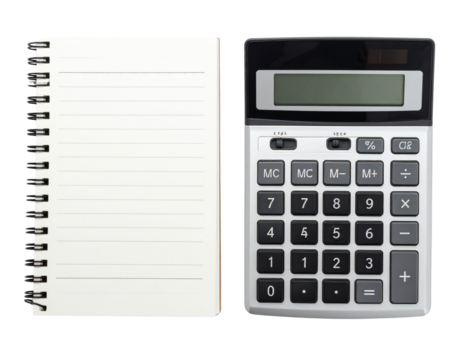Open Notebook with Calculator Placed Beside, Isolated on White