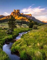 Mountain valley stream at dawn