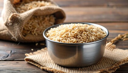 A stainless steel bowl overflows with uncooked brown rice, beside a burlap sack spilling grains on a wooden surface