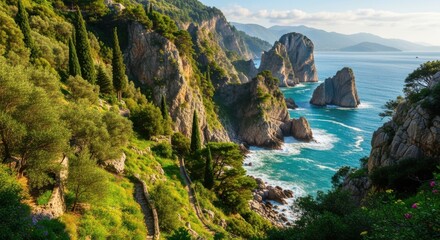 Fototapeta premium Picturesque coastal scenery with rugged cliffs and azure sea in summer season