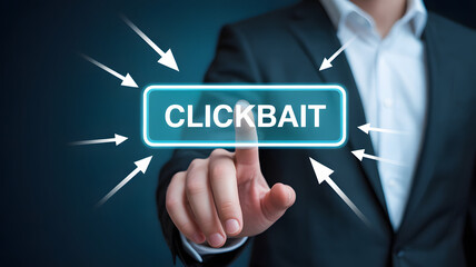 Businessman pressing a glowing clickbait button with arrows converging