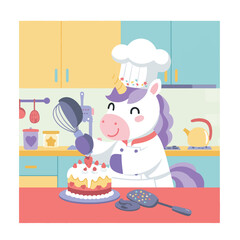 A unicorn chef decorates a cake in a kitchen