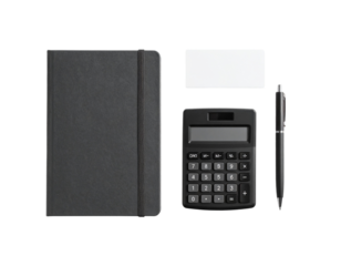 Notebook with Calculator and Pen Arrangement, Isolated on White