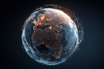Digital Earth globe with glowing continents and a futuristic network grid showing global connectivity.