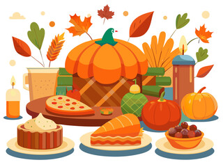 Festive Thanksgiving vector illustration featuring mashed potatoes, pumpkin pie, autumn decorations, and seasonal elements creating a warm holiday atmosphere