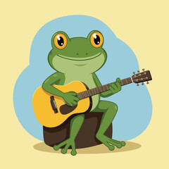 Fototapeta premium A cartoon frog plays an acoustic guitar sitting on a brown stool against a blue backdrop