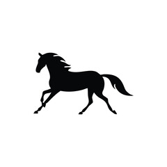 Fototapeta premium Black horse silhouette galloping across white background for equine designs