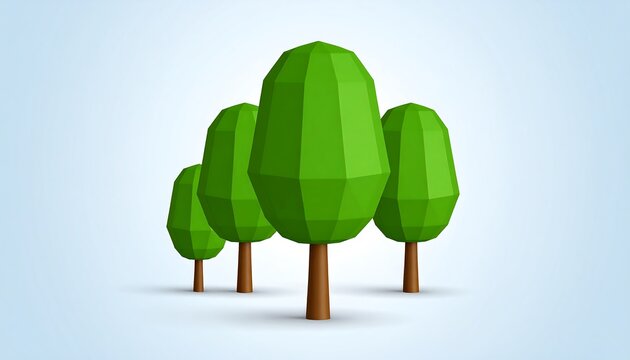 Three low-poly trees in a row against a light blue background stand out with their geometric shapes. - Powered by Adobe